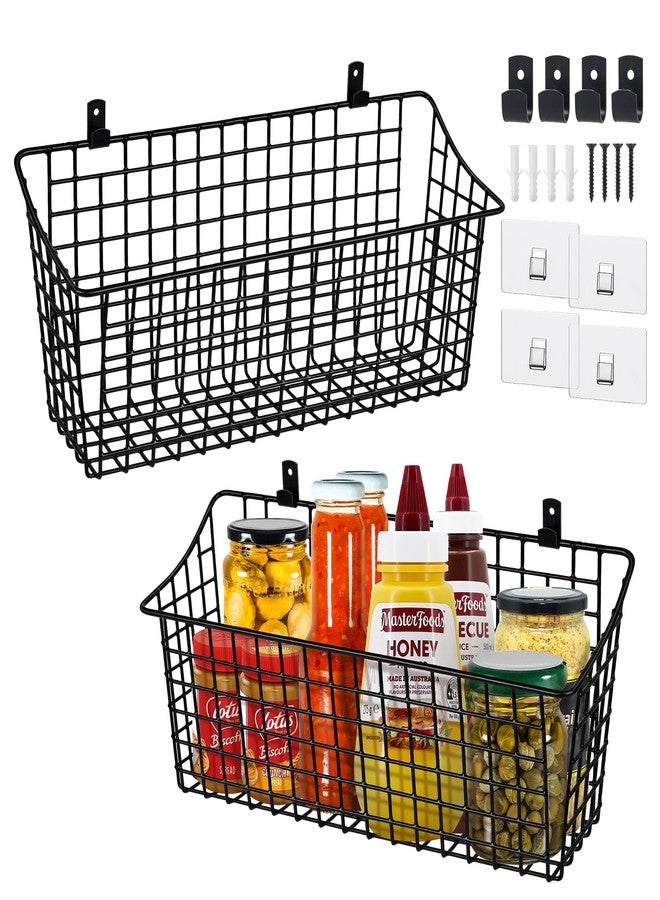 LIGHT DUST Large Wall Hanging Baskets - 2 Set Rustproof Rubber Coating Wall Shelving Organizers - Metal Wire Basket Storage No Drill Adhesive Wall Mount for Shower Kitchen Laundry Pantry Cabinet RV (Black) - Image 1